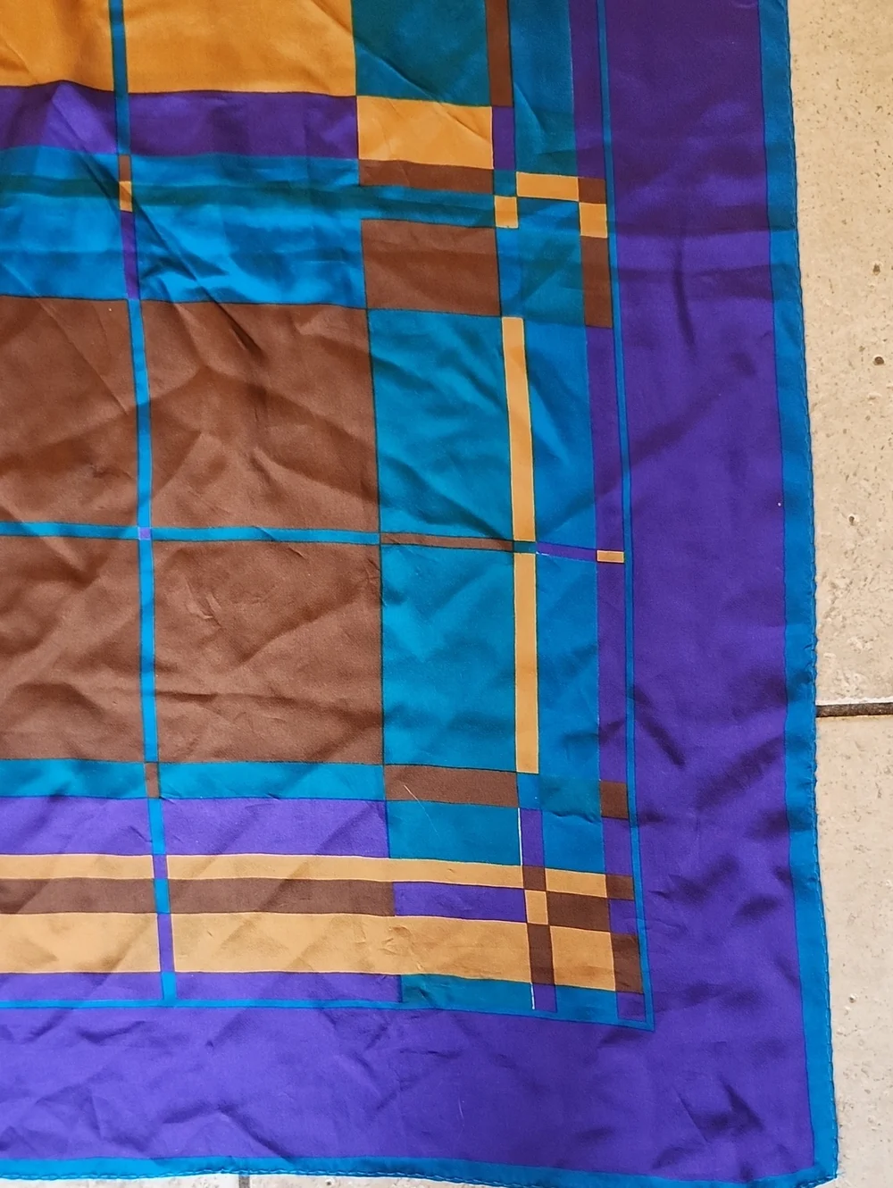 Vtg Made In Italy Blue, Purple & Gold Geometric Silk Scarf 30 X 30